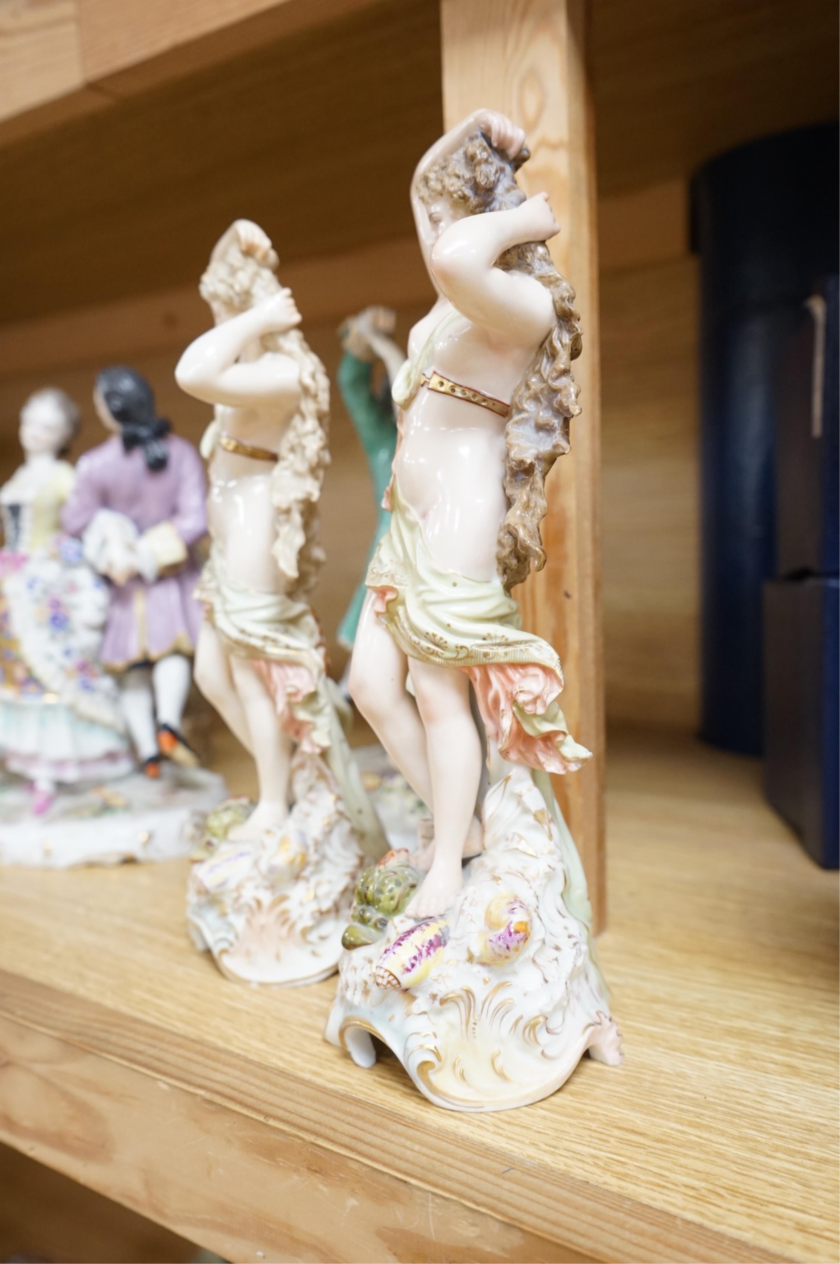Late 19th century figure groups, including a pair of Samson dancing figures, pair of figures with chicken, pair of Royal Dux Rosenthal and another pair (9), tallest 25cm